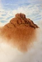 A painting of a mountain with brown sand on it.