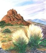 A painting of a mountain with grass in the foreground