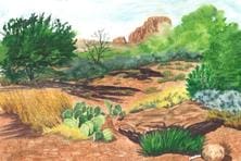 A painting of a desert landscape with cactus and bushes.