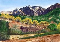 A painting of mountains and trees in the background