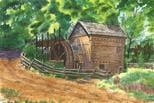 A painting of a water mill in the woods.
