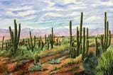 A painting of some tall cactus in the desert
