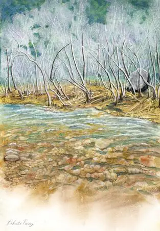 A painting of trees and rocks in the water