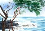 A painting of the ocean and trees
