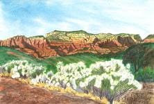 A painting of the desert landscape with mountains in the background.