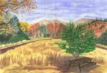 A painting of a picnic area in the middle of a field.