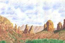 A painting of some mountains and rocks