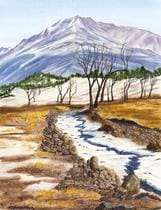 A painting of a stream in the middle of a desert