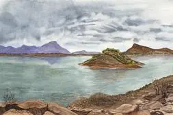 A painting of a body of water with mountains in the background.