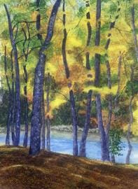 A painting of trees in the woods next to water.