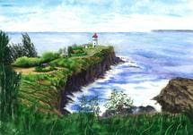 A painting of the ocean and cliffs with a lighthouse.