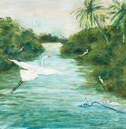 A painting of two birds flying over the water