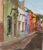 A painting of a row of colorful buildings