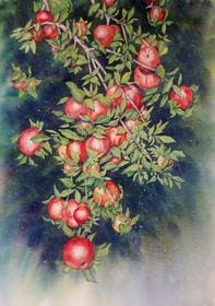 A painting of an apple tree with ripe apples.