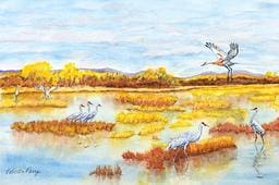 A painting of birds in the water
