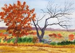 A painting of two trees in the middle of an open field.