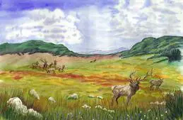 A painting of animals in the grass and trees