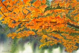 A painting of trees with orange leaves on them