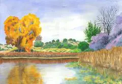 A painting of a pond with trees in the background