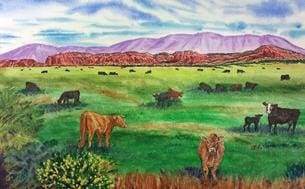 A painting of cows grazing in the grass.