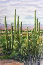 A painting of tall cactus in the desert