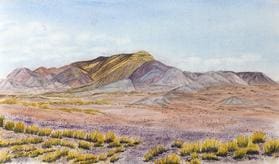 A painting of a desert landscape with mountains in the background.