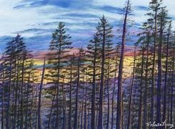 A painting of trees in the foreground and a sunset behind.