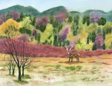 A painting of deer in the middle of a field