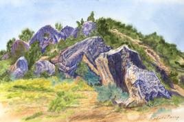 A painting of rocks and bushes in the distance.