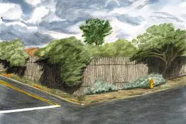 A painting of a street corner with trees and a fence.