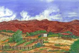 A painting of a dirt road with a sign on it