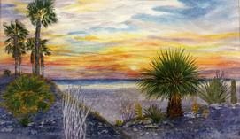 A painting of the ocean and sunset