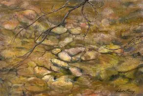 A painting of rocks and branches in water.