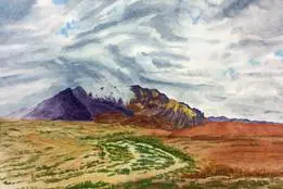 A painting of a mountain range with clouds in the sky.