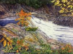 A painting of a waterfall with trees in the background.