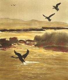 A painting of birds flying over water