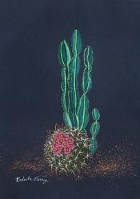 A painting of a cactus with pink flowers.