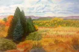 A painting of trees and grass in the middle of an open field.