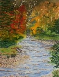 A painting of a stream in the woods