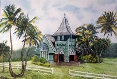 A painting of a church with palm trees in the background.