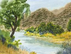A painting of a river with trees in the background