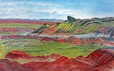 A painting of the desert landscape with red and green hills.
