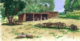 A painting of an old wagon and barn.