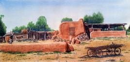 A painting of an old adobe building with a wagon in the foreground.