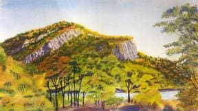 A painting of trees and mountains in the background