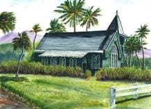 A painting of a church with palm trees in the background.