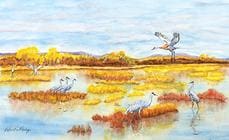 A painting of birds in the water