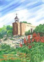 A painting of a church with flowers in the foreground.