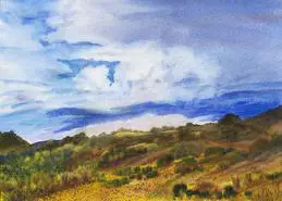 A painting of a field with trees and clouds in the sky.