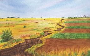A painting of an open field with a stream running through it.